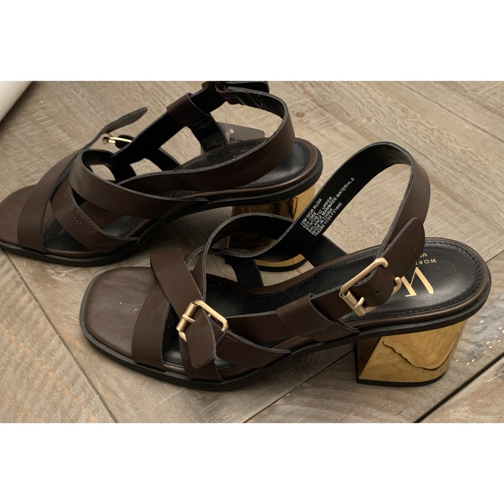 Worthington Size 8.5 Coco Brown Gold Block Heel Sandals, 023-1069 Classy Casual - Picture 4 of 6